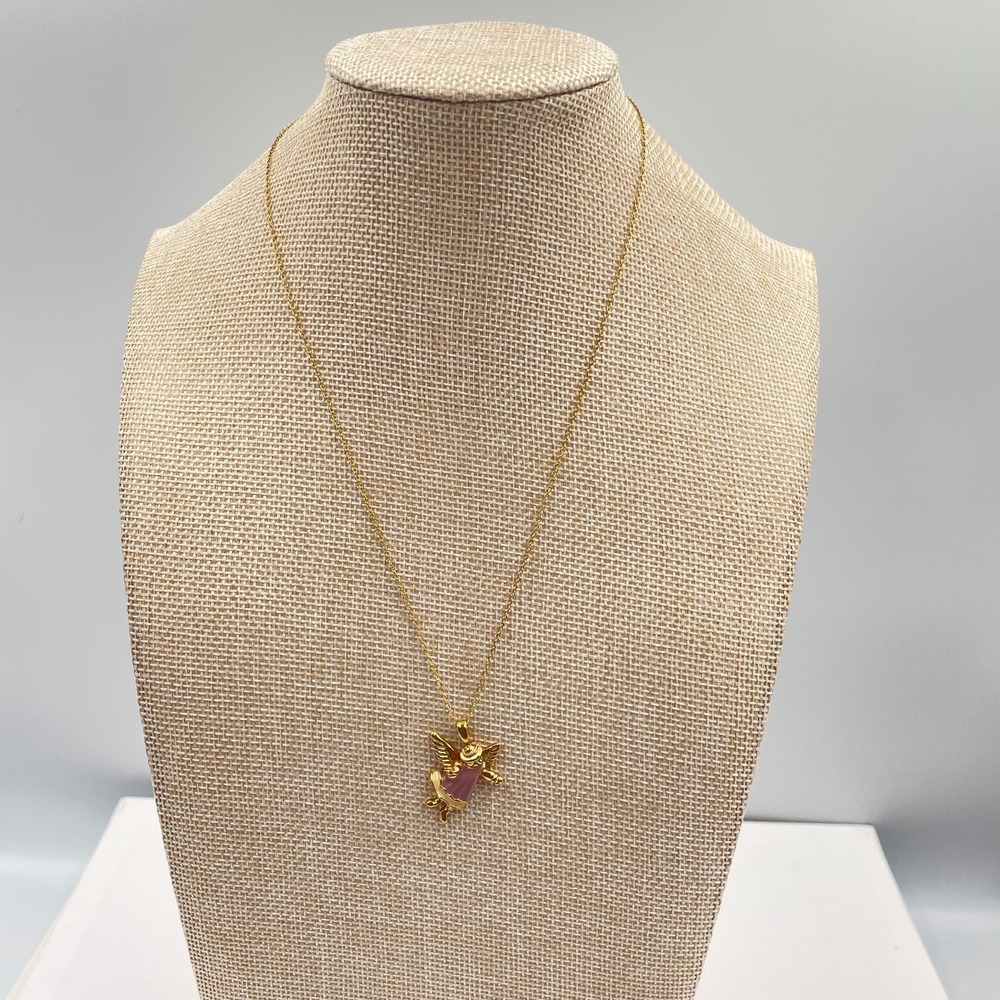 Vintage Gold-Tone Chain Enamel Coated Whimsical Angel Pendant Push Lock Necklace